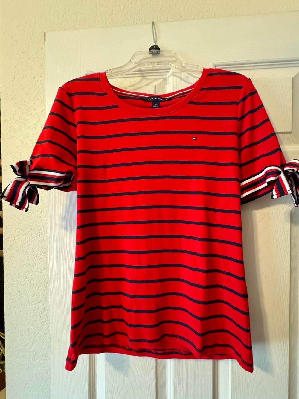 Tommy Hilfiger Red Tee with Navy Stripes and Tie Sleeves